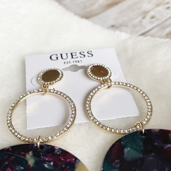 GUESS Triple Round Oversized Dangle Drop Earrings Gold Tone Pave Black New - Picture 3 of 7